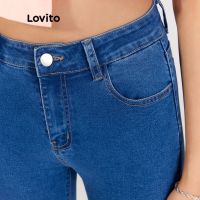 Lovito Casual Plain Spiked Pockets Jeans L20DD01 (Dark Blue)