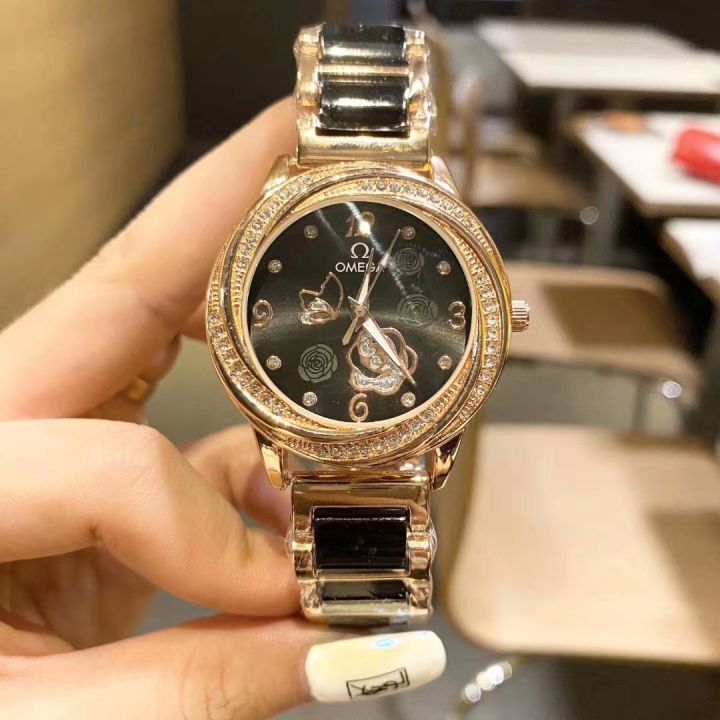 2021ใหม่ Original NO.1Omega Top ยี่ห้อ Luxury Gold นาฬิกาข้อมือผู้หญิงแฟชั่นคริสตัลนาฬิกาควอตซ์ผู้หญิงสแตนเลสนาฬิกาเหล็กคู่ของขวัญ
