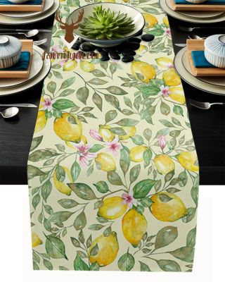 Luxury Table Runner Watercolor Lemon Flower Pattern Birthday Party Hotel Dining Table High Quality Cotton and Linen Table Cloth