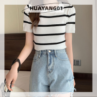 HUAYANG01 [2023 new HOT FASHION] lazlook ผู้หญิงลายถักเสื้อยืดแขนสั้นแฟชั่นลำลองแขนสั้นรอบคอเสื้อ