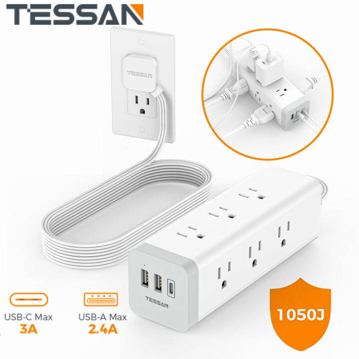 TESSAN 3M Extension Cord Flat Plug Power Strip with USB , 1050J Surge Protector Extension Cord