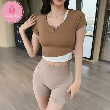woman yoga t-shirt sport top pleated waist contrast color quick