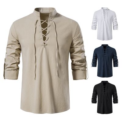 [COD] 2022 Foreign Trade New Mens Cotton Henley Shirt Hippie Collar Sleeve A275