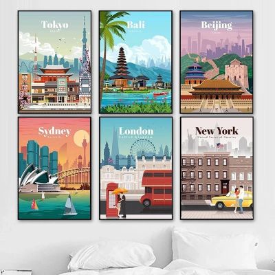 Cartoon Famous City Travel Canvas Painting Beijing Landscape Posters Prints Wall Art Picture for Living Room Wall Decor Cuadros