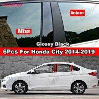 ❅ 6x Car Window Door Column BC Pillar Post Cover Trim for Honda City 2014-2019 Glossy Carbon Fiber Black Mirror Effect PC Sticker