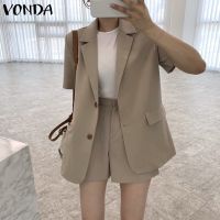 Vonda เสื้อเบลเซอร์ คอปก แขนสั้น ติดกระดุม และกางเกงขาสั้น เอวสูง สไตล์เกาหลี สําหรับผู้หญิง s