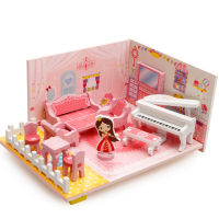 Dollhouse Miniature 3D Musicing Licing Room Model Building Kits Children Educational Miniature Doll Furniture Wooden Blocks Toys