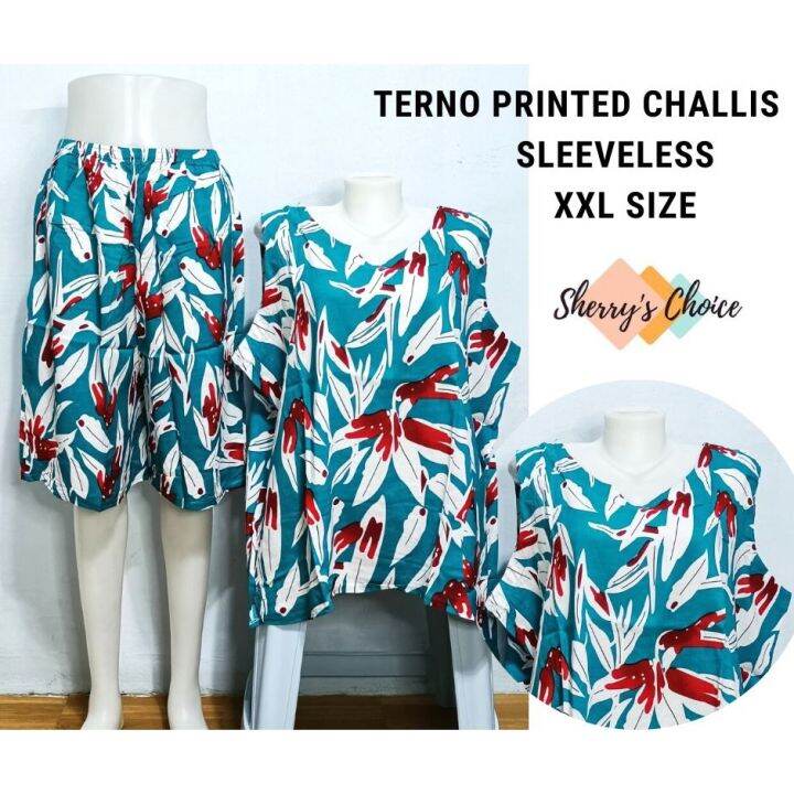 terno-ชุดนอนผู้หญิง-pambahay-ชุดนอนสตรีใส่นอน2xl-ขนาดพิเศษแขนกุดพิมพ์ลายกางเกงขาสั้น-challis-pambahay