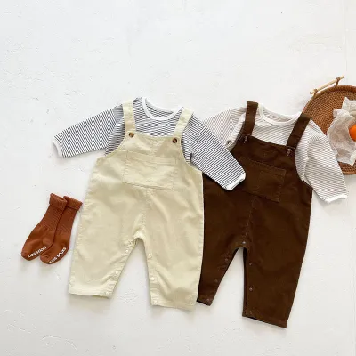 MILANCEL 2022 Spring Baby Clothing Set Toddler Boys Suits Corduroy Overalls Striped Blouses 2 Pcs Casual Outfit