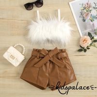 BbQ-2 Pcs Toddler Solid Color Outfits Girls Cropped Fluffy Fur Camisole Belted Leather Shorts