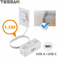 TESSAN Slim Flat Plug 1.5M สายต่อขยายแบนบาง ๆ ในร่มพร้อม USB C แถบพลังงานพร้อมช่องเสียบหลาย 4 ช่อง พอร์ต USB 3 ช่อง (USB C 1 ช่อง) แถบพลังงานขนาดเล็ก 5 ฟุตติดตั้งบนผนังสำหรับเรือสำราญโฮมออฟฟิศหอพัก