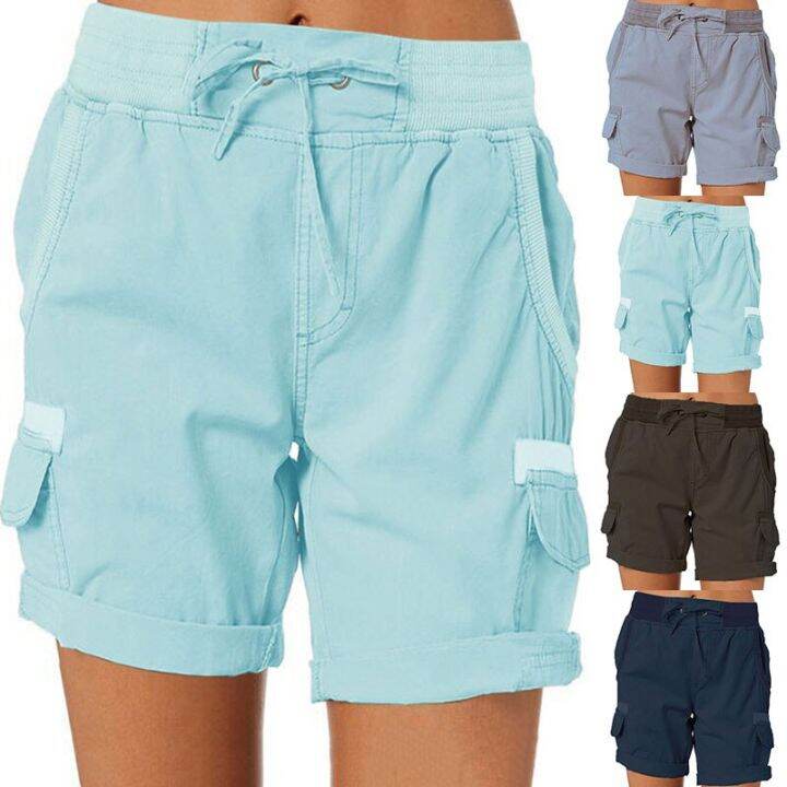 women-shorts-cargo-short-pants-cotton-linen-pants-pocket-elastic-waist-summer-women-beach-solid-color-sliming-comfot-breathable