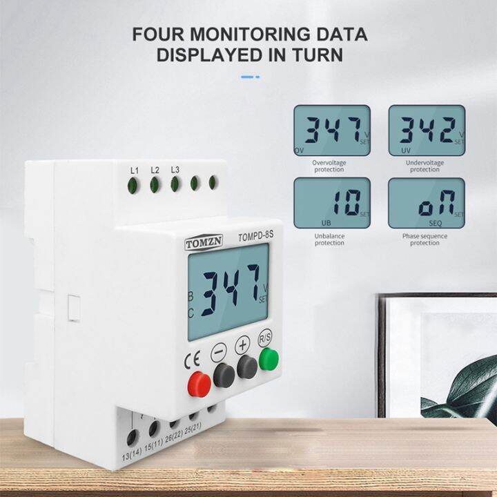 tomzn-3-phase-din-rail-voltage-relay-adjustable-under-over-voltage-protector-voltage-monitoring-protection-relay-tompd-8s