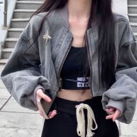 CHAXIAOA Y2k Grunge Cross Crop Grey Denim Jackets Women Hippie Streetwear 90s Oversize Zip Jackets Harajuku Kpop Coat Female