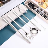 4/6Pcs Silver Tableware Stainless Steel Cutlery Travel Camping Dinnerware Set Spoon Fork Chopsticks with Straw Portable Case Flatware Sets