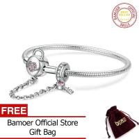 BAMOER สร้อยข้อมืองูเงินแท้925สีชมพู CZ ล็อกกับกุญแจเพื่อความปลอดภัยสร้อยข้อมือจี้สำหรับของขวัญสตรี SCB143พฤษภาคม