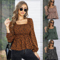 Elegant y Leopard Printing Chiffon Shirt Autumn Winter 2021 New Square Collar Long Lantern Sleeve Women Pullovers Blouse Tops