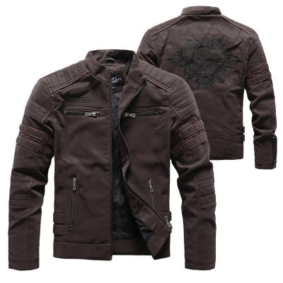 2021 Mens Leather Jacket Fashion Motorcycle PU Print Jackets Autumn Winter Stand Collar Fleece Warm Coat Male Slim Casual Coats