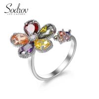 SODROV Rainbow Crystal Jewelry Colorful Zircon Flower Rings for Women Open Ring Wedding Gift