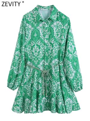 ZEVITY Women Fashion Paisley Floral Print Belt Mini Shirt Dress Female Chic Casual Big Swing Hem Pleat Green Vestidos DS9353