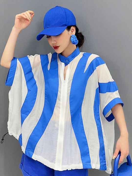 xitao-shirt-contrast-color-loose-zipper-shirt-batwing-sleeve-women-top