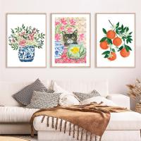 ปรับแต่งแจกันนกยูงแมวปลาดอกไม้รถสีส้ม Boho Wall Art ภาพวาดโปสเตอร์และพิมพ์-ภาพผนังสำหรับห้องนั่งเล่น