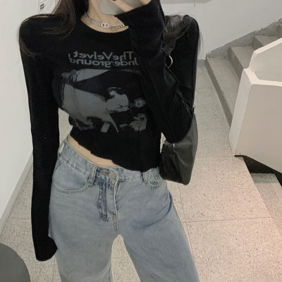 Yedinas Sexy Slim Long Sleeve Crop Top Grunge Letters Print Hypotenuse Design Asymmetrical Chic T Shirts Punk Style Streetwear