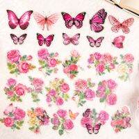 50Pcs Rose bloom Butterfly Color Plant Stickers Flower school supplies material Decorative Paper Scrapbook Handbook account Stickers Labels