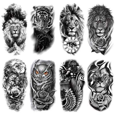 8 black tattoo stickers waterproof mens half-arm calf lion tiger owl simulation disposable cross-border stickers