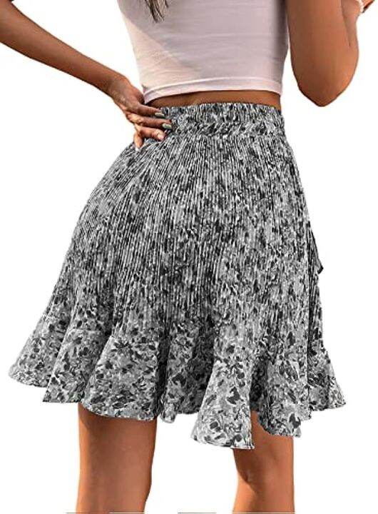 lyaner-womens-floral-print-high-waist-pleated-ruffle-hem-a-line-short-skirt-grey-x-large