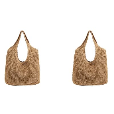 2X Korean Version Ins Wind Beach Holiday Style New Handmade Woven Bag Shoulder Simple Solid Color Wild Straw Bag Khaki
