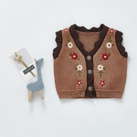 2021 Autumn girl baby infant knit vest embroidered cotton V-neck cardigan vest jacket girl vest