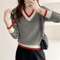 เสื้อคอวีแฟชั่นสำหรับผู้หญิง,เสื้อสเวตเตอร์ถักลาย Houndstooth เสื้อถักกันแขนยาว2022ฤดูใบไม้ร่วงฤดูหนาว