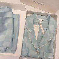 卐☾ Pajamas Women 39;s Silk Long sleeved Pajamas Pajamas Suit Jacquard Plaid High grade Ice Silk Can Be Worn Outside Home Wear Pajamas