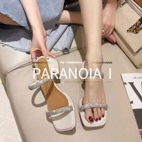 ❀♕☏ ftfl50731Store PARANOIA I รองเท้าแตะส้นสูงสตาร์เลิฟ พลอยเทียม รองเท้าส้นสูง รองเท้าแตะเปิดนิ้วเท้า หัวเข็มขัดคำสีเงิน รองเท้าส้นสูงสตรี