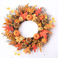 45CM Artificial Autumn Fall Wreath Harvest Thanksgiving Door Wreath for Front Door Decoration with Pumpkins Maple Leaf and Berry