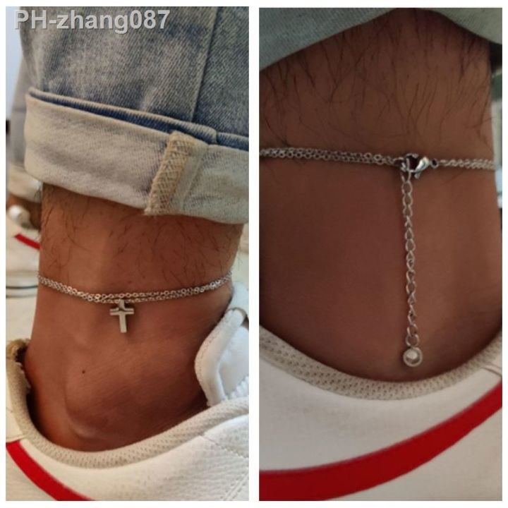 stainless-steel-mens-anklet-with-cross-charmdouble-chaingift-for-boyfriendmans-ankles-braceletchristian-catholic-jewelry