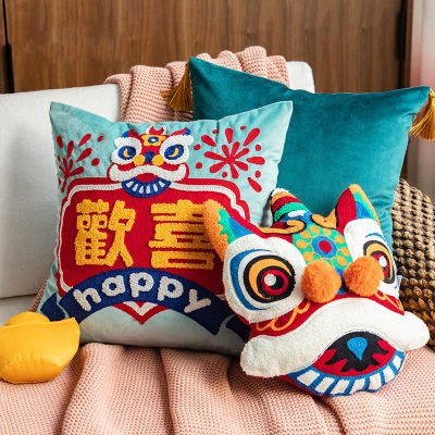 DUNXDECO Cushion Cover Decorative Pillow Joy Chinese Traditional Dance Lion Embroidery Cushion Cover Sofa Chair Bed Coussin