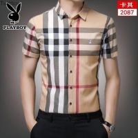 Twitflick Playboy เสื้อเชิ้ตแขนสั้นผู้ชายผ้าฝ้ายลายวัยกลางคนและชายหนุ่มสไตล์ยุโรปและอเมริกาเสื้อผู้ชายเสื้อสไตล์เกาหลี