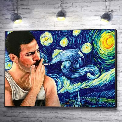 Freddie Mercury Van Gogh Starry Night โปสเตอร์ภาพวาดผ้าใบ Funny Singer Wall Art รูปภาพ Room Home Decor