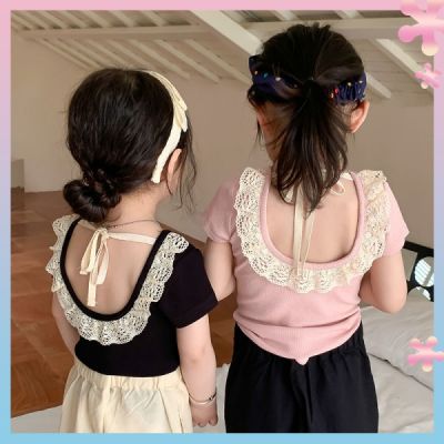 【Candy style】 Sweet lace lace girls small backless short-sleeved base shirt  summer childrens baby girls elastic T-shirt