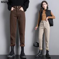 【YD】 Jeans Stretchy Elastic Waist Thick Warm Pants Cotton Trousers Ankle-length Woman