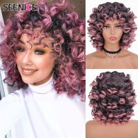 Short Hair Afro Kinky Curly Wig With Bangs For Black Women Fluffy Synthetic African Ombre Glueless Cosplay Natural Brown Wigs Hand Tool Parts Accessor