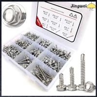 JINGWEI 380Pcs 410สแตนเลสสตีล สกรูเกลียวปล่อยสำหรับโลหะ 1/2 "ถึง2" #8 #10 #12 ชุดแยกสกรูเจาะด้วยตนเอง ทนทานสำหรับงานหนัก สกรูโลหะแผ่น โลหะสำหรับตกแต่ง