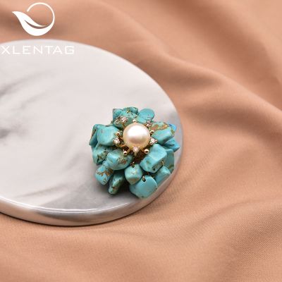 Xlentg Handmade Natural Freshwater Turquoise Flower Brooch Female Fashion Exquisite Jewelry Wedding Party Gift Brooch Pin GO0367