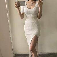 COD DSTGRTYTRUYUY Summer plain color U-neck sexy low-cut knitted womens short-sleeved slimming slit bag hip mid-length tight dress