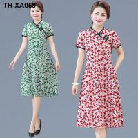 Short-sleeved cheongsam dress summer new buckle floral dress temperament middle-aged womens mid-length knee-length skirt