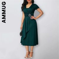 New Women Dress Solid Color Short Sleeve V Neck Asymmetric Hem Waist Tight Midi Party Dress Slim Chic Clothing Female Vestidos