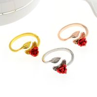 SUMENG 2023 New Fashion Red Rose Flower Leaves Resizable Finger Rings Rings Wedding Engagement for Women Jewelry Gifts