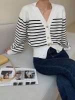 【HOT】 fashion striped knitted cardigan womens autumn 2023 new foreign style card waist design sense V-neck top women